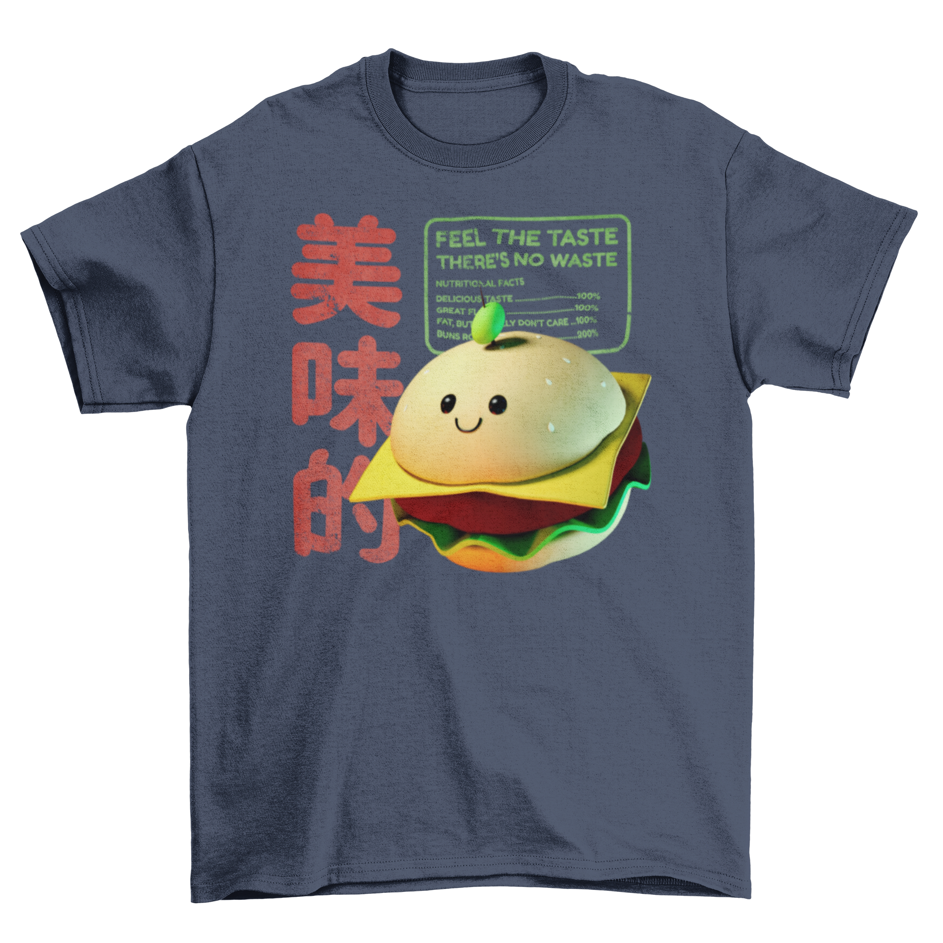 A vibrant 3D Burger character t-shirt featuring a playful burger graphic and a catchy quote on the back.