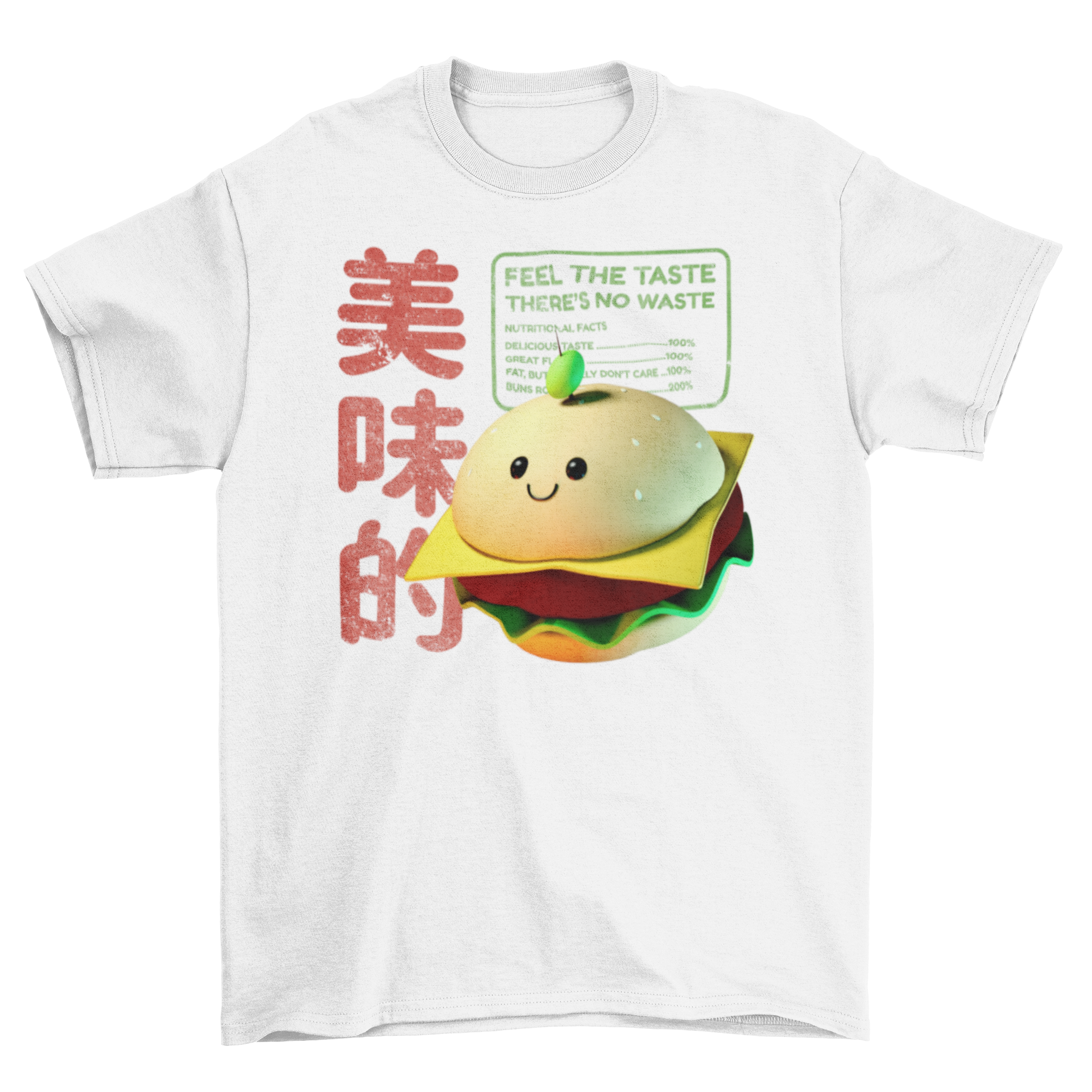 A vibrant 3D Burger character t-shirt featuring a playful burger graphic and a catchy quote on the back.