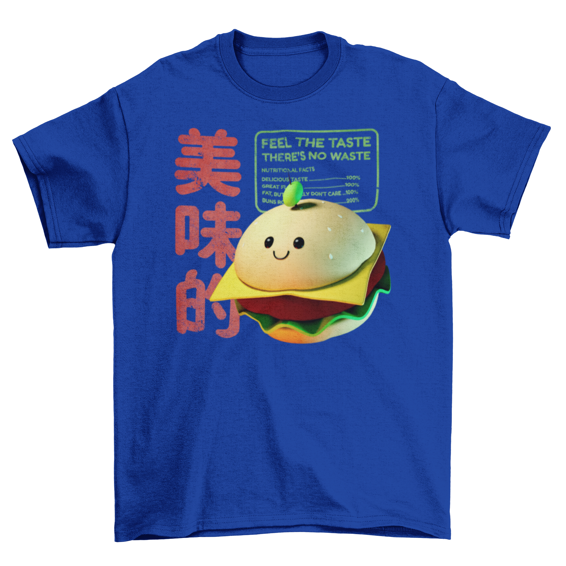 A vibrant 3D Burger character t-shirt featuring a playful burger graphic and a catchy quote on the back.