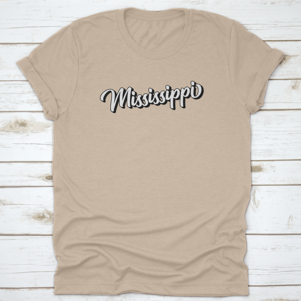 3D Handwritten Retro Calligraphy design featuring the state of Mississippi, USA, on a comfortable cotton fabric.