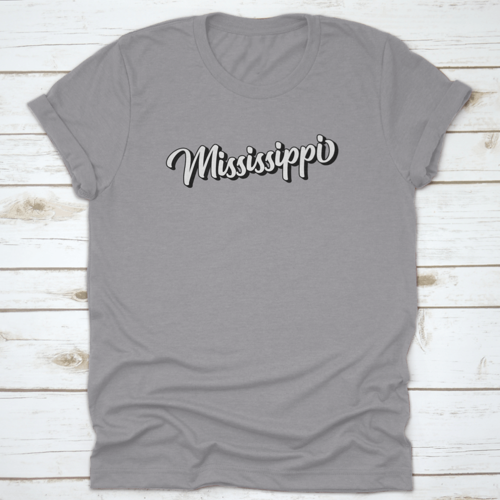 3D Handwritten Retro Calligraphy design featuring the state of Mississippi, USA, on a comfortable cotton fabric.