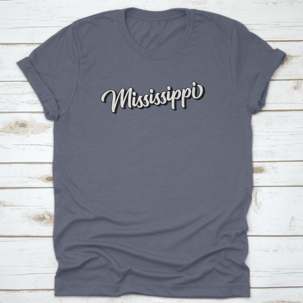 3D Handwritten Retro Calligraphy design featuring the state of Mississippi, USA, on a comfortable cotton fabric.