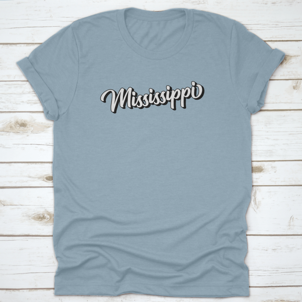 3D Handwritten Retro Calligraphy design featuring the state of Mississippi, USA, on a comfortable cotton fabric.