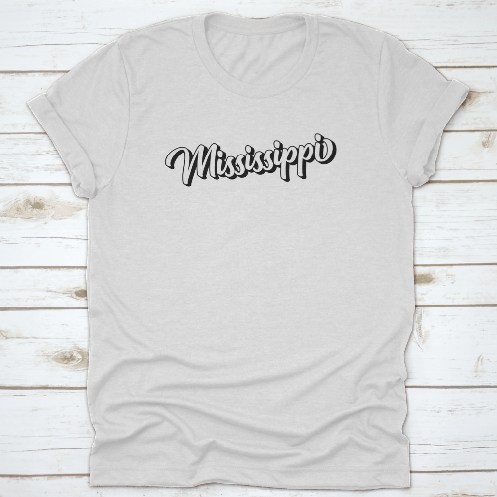 3D Handwritten Retro Calligraphy design featuring the state of Mississippi, USA, on a comfortable cotton fabric.