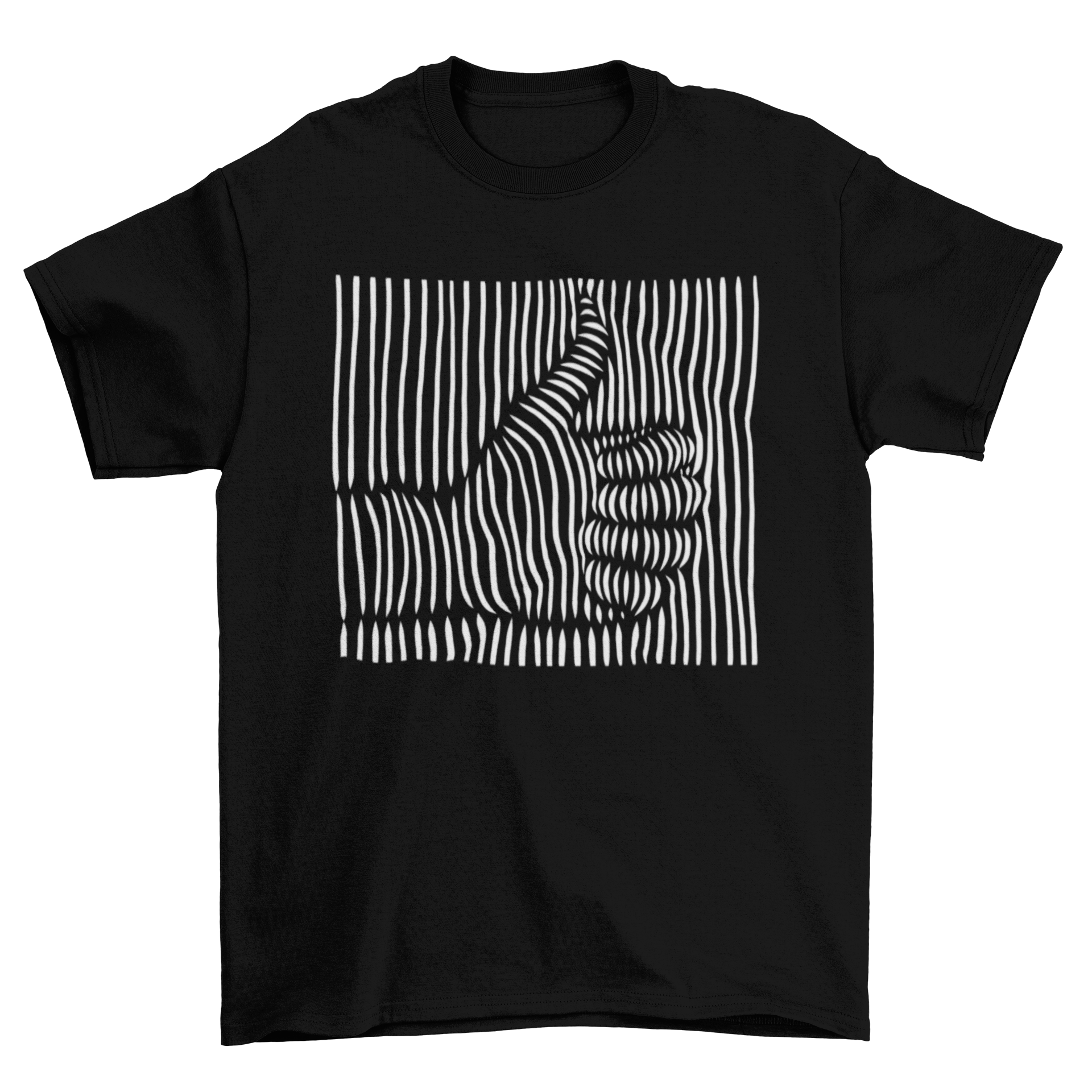 A stylish t-shirt featuring a 3D thumbs up design with an optical illusion effect created by white stripes.