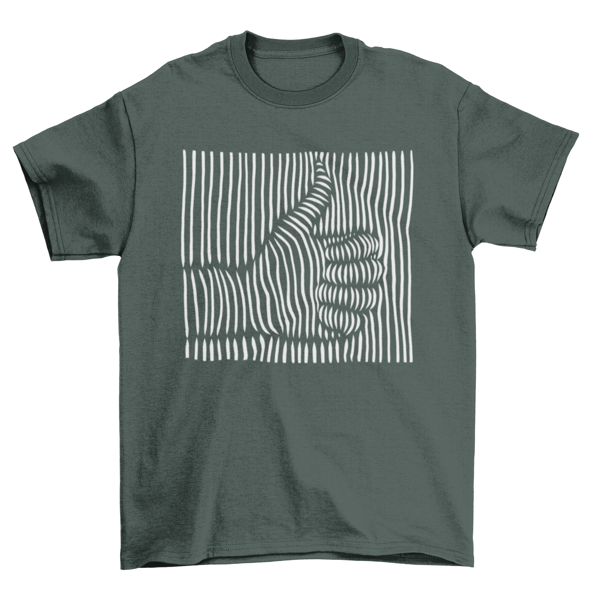 A stylish t-shirt featuring a 3D thumbs up design with an optical illusion effect created by white stripes.