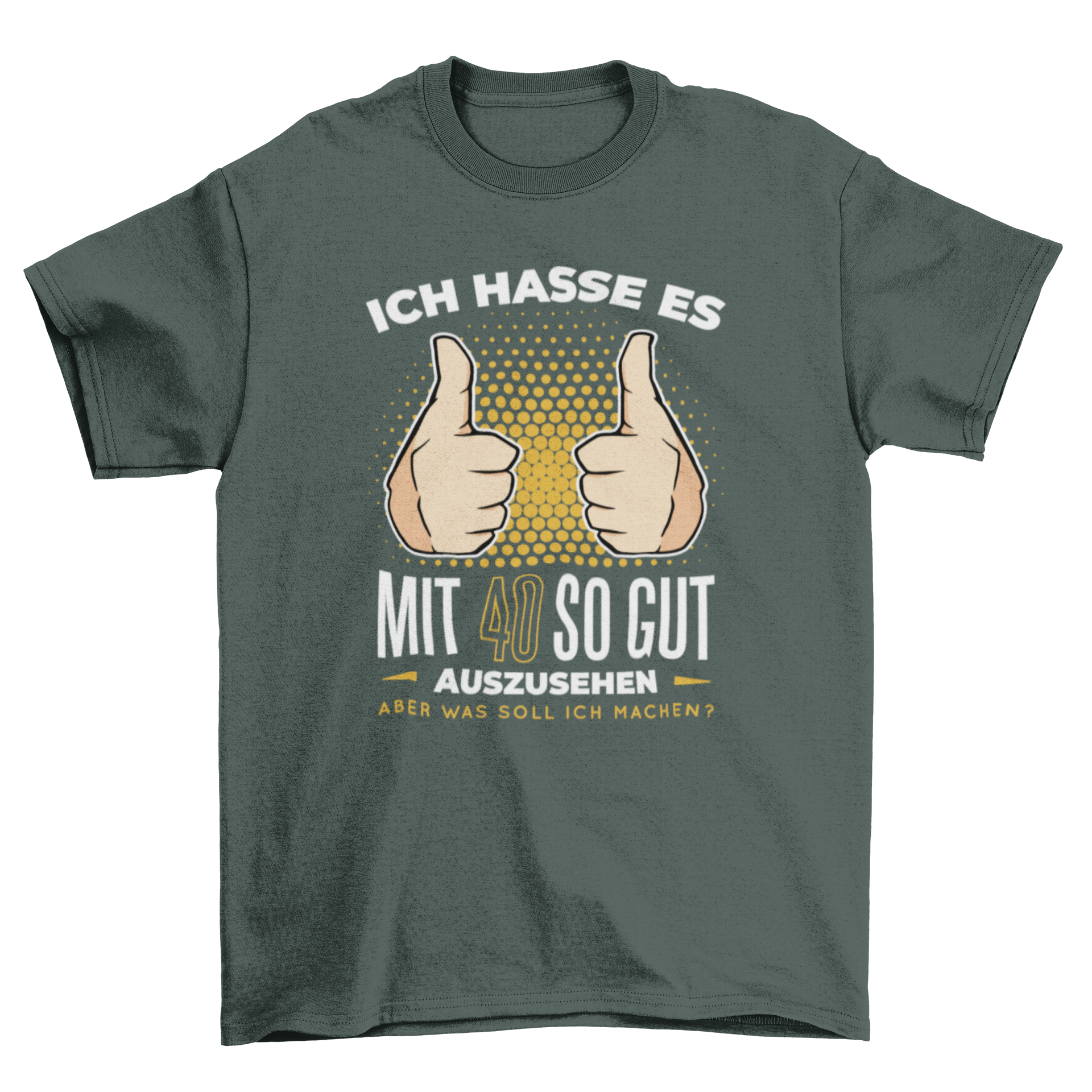 A humorous T-shirt featuring a German quote about turning 40, showcasing bold text and stylish design.