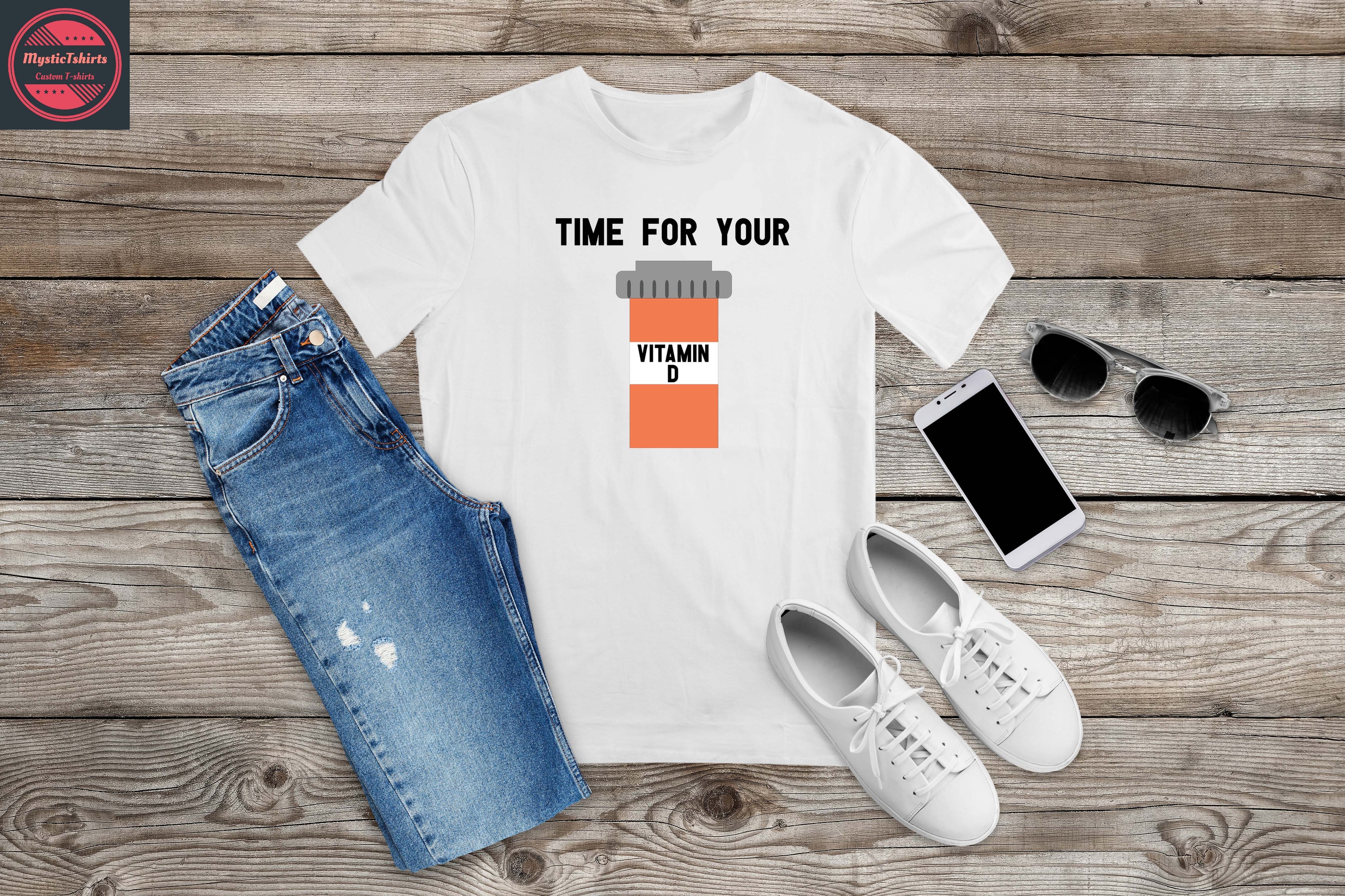 A personalized T-shirt featuring the phrase 'TIME FOR YOUR VITAMIN D' with custom text options, displayed in a vibrant color.