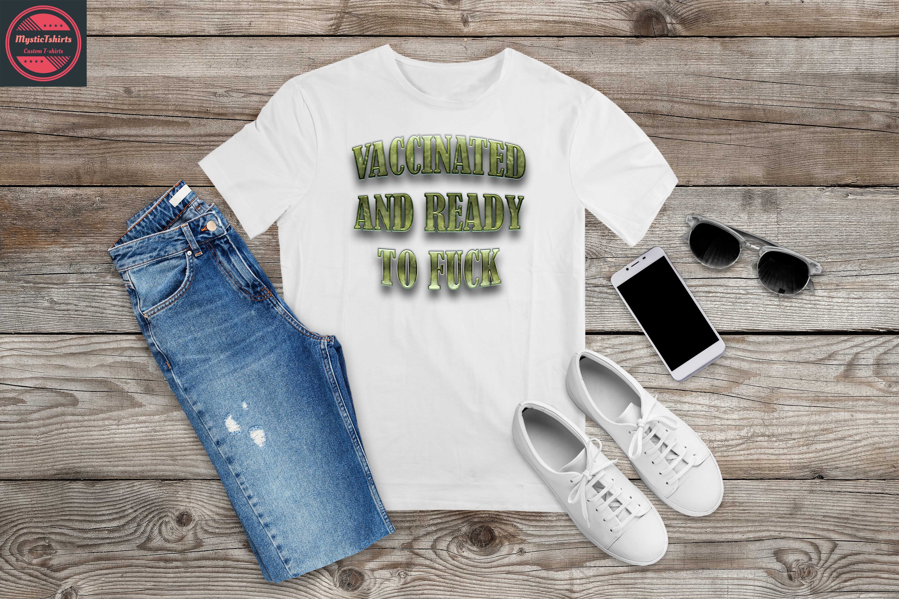 Custom made 'Vaccinated and Ready' shirt featuring vibrant colors and personalized design options, perfect for any occasion.