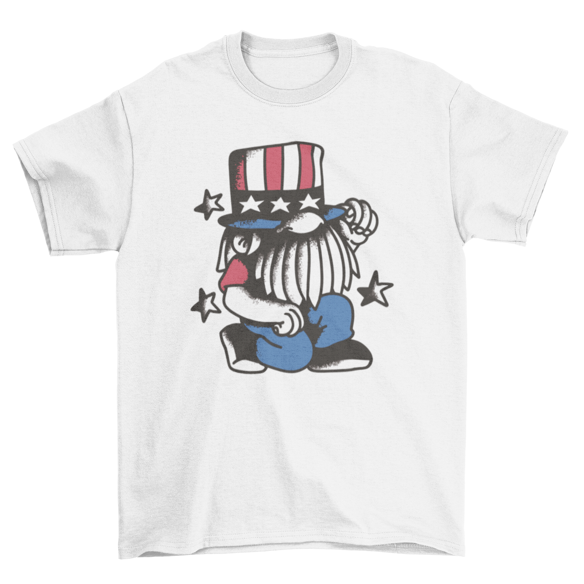 A vibrant t-shirt featuring a gnome in patriotic colors for 4th of July celebrations.