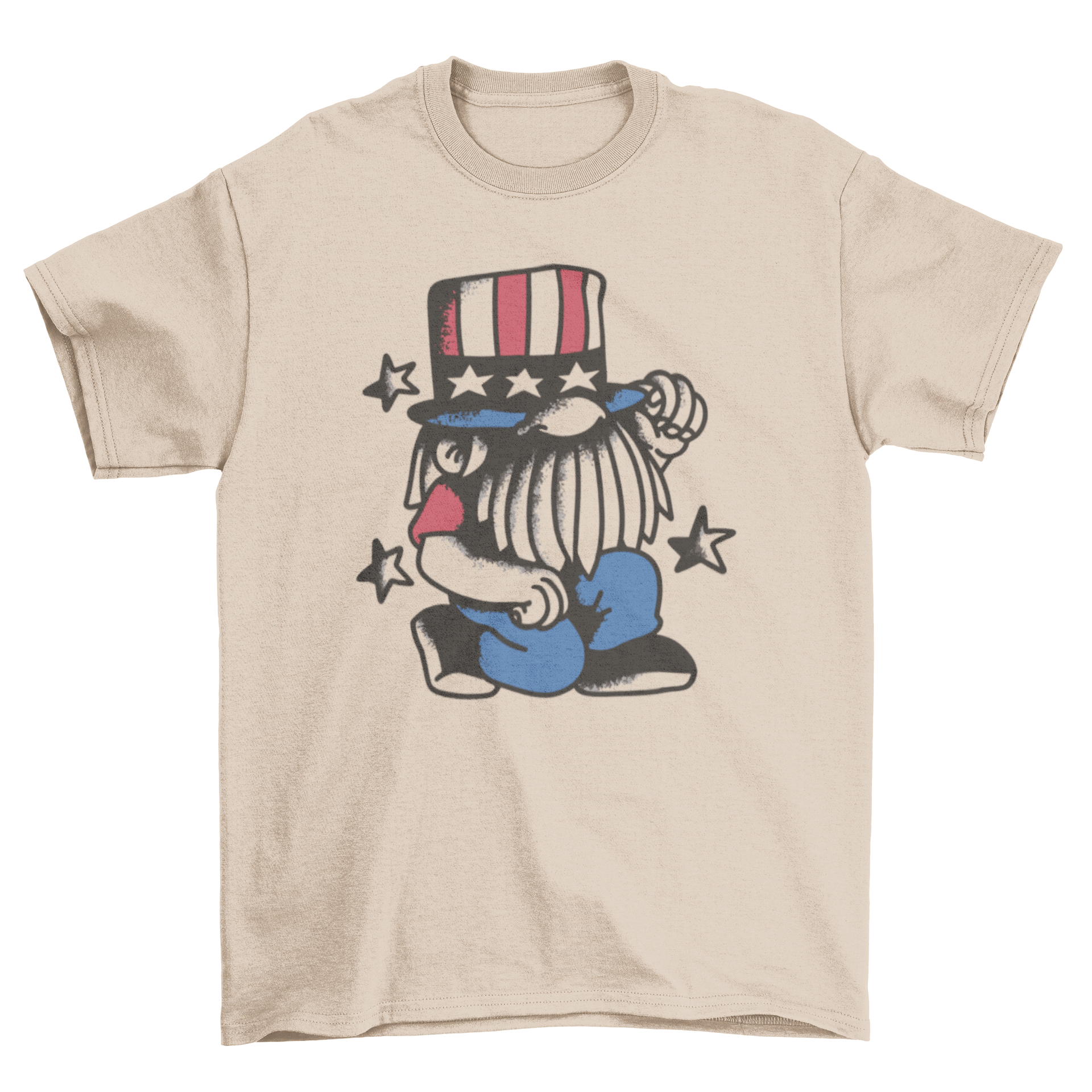 A vibrant t-shirt featuring a gnome in patriotic colors for 4th of July celebrations.