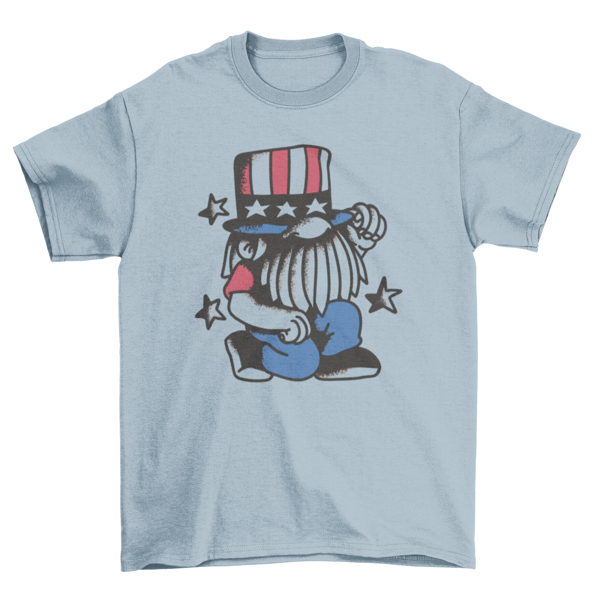 A vibrant t-shirt featuring a gnome in patriotic colors for 4th of July celebrations.