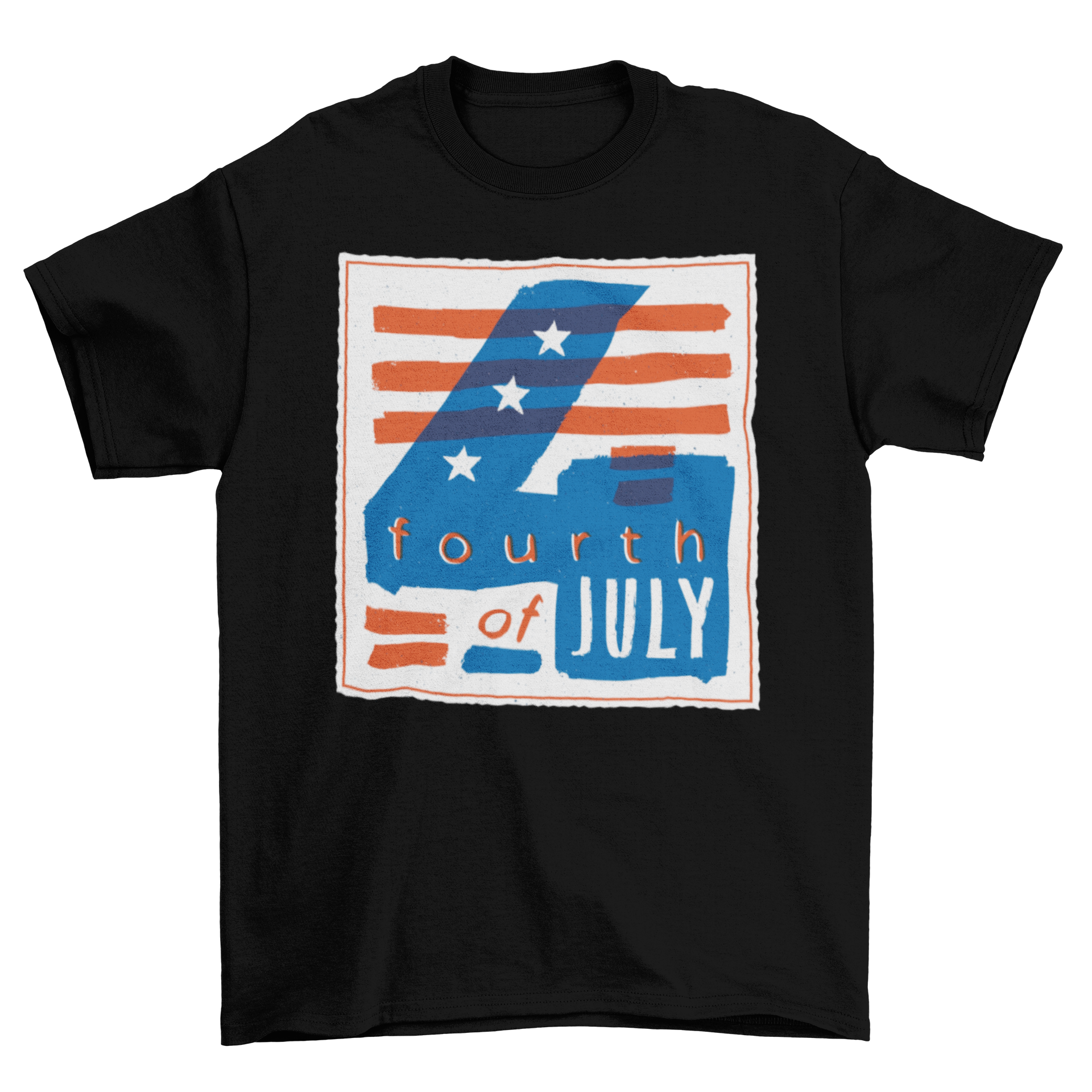 A vibrant 4th of July T-shirt featuring bold patriotic colors and the text '4TH OF JULY' in an eye-catching illustration.