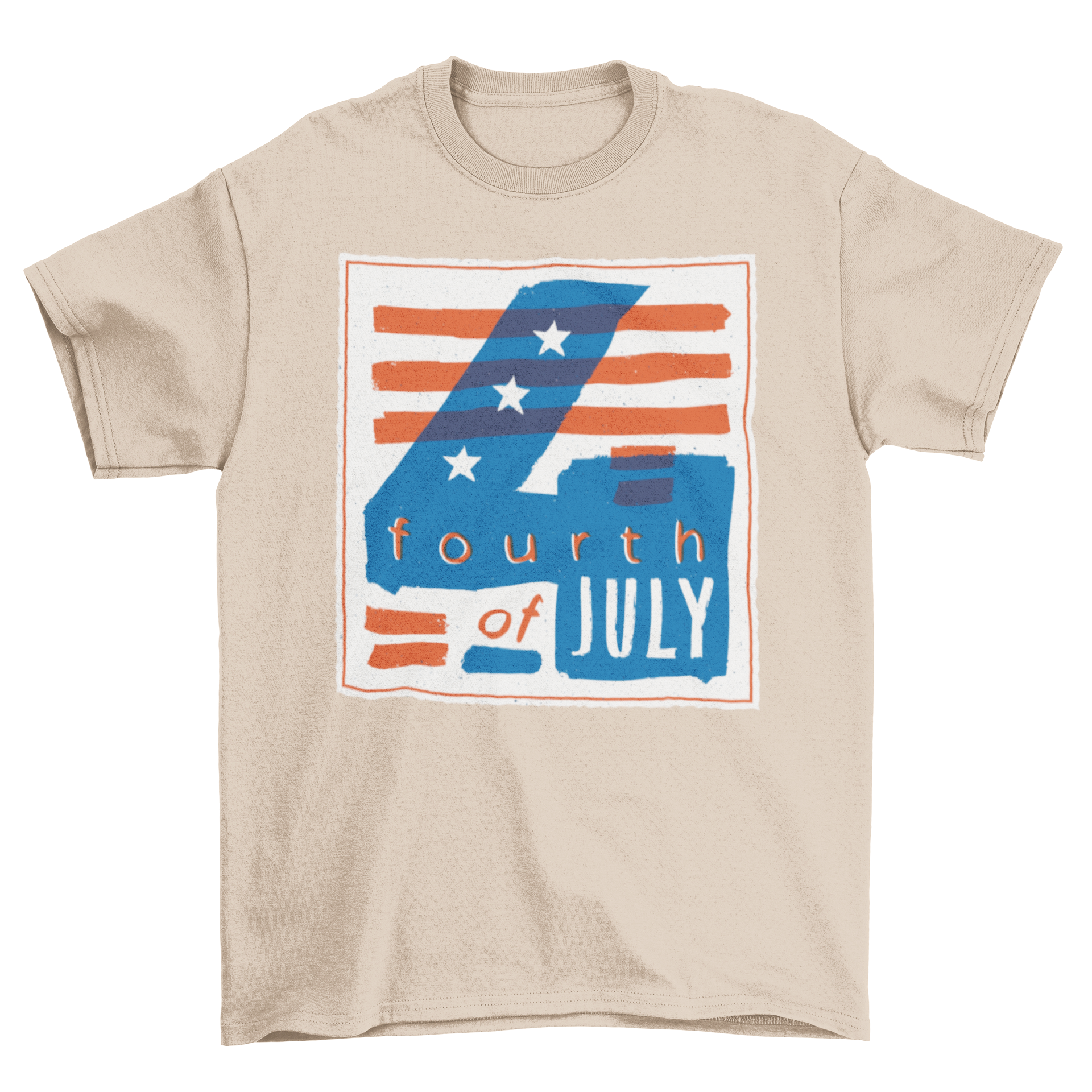 A vibrant 4th of July T-shirt featuring bold patriotic colors and the text '4TH OF JULY' in an eye-catching illustration.