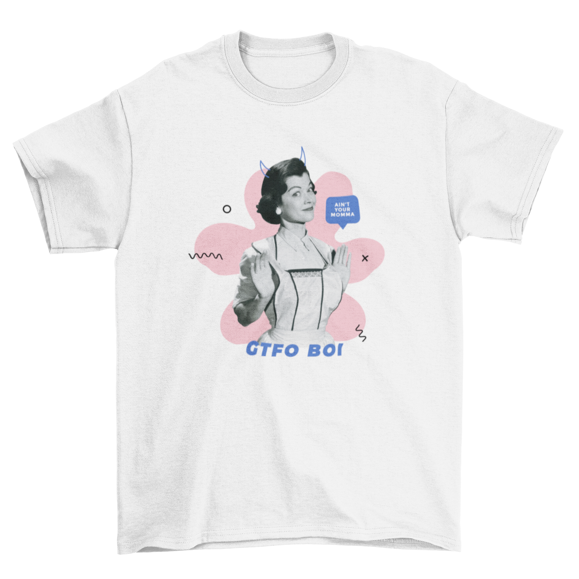 A stylish 60s retro t-shirt featuring a woman in a housewife outfit with devil horns and bold quotes.