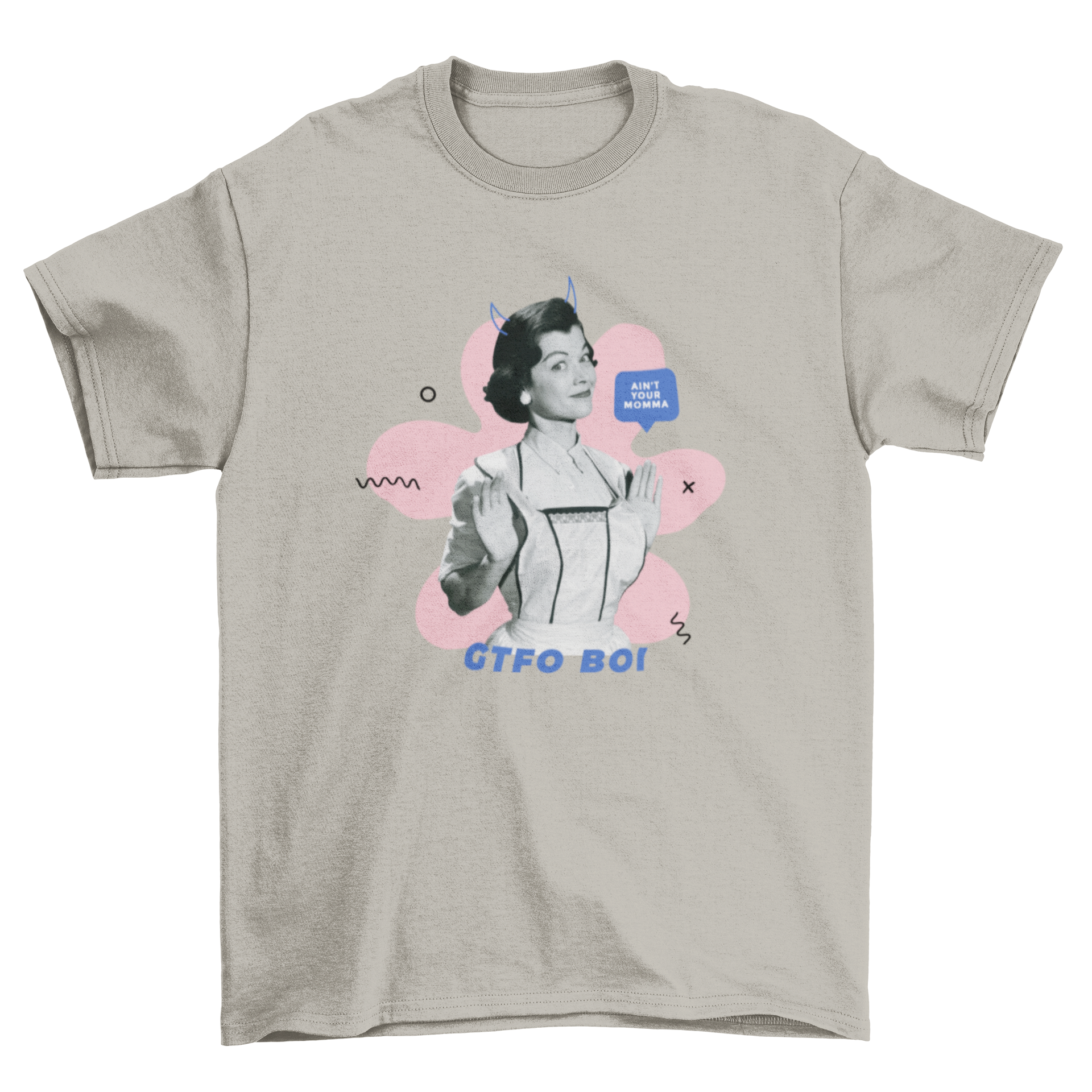 A stylish 60s retro t-shirt featuring a woman in a housewife outfit with devil horns and bold quotes.