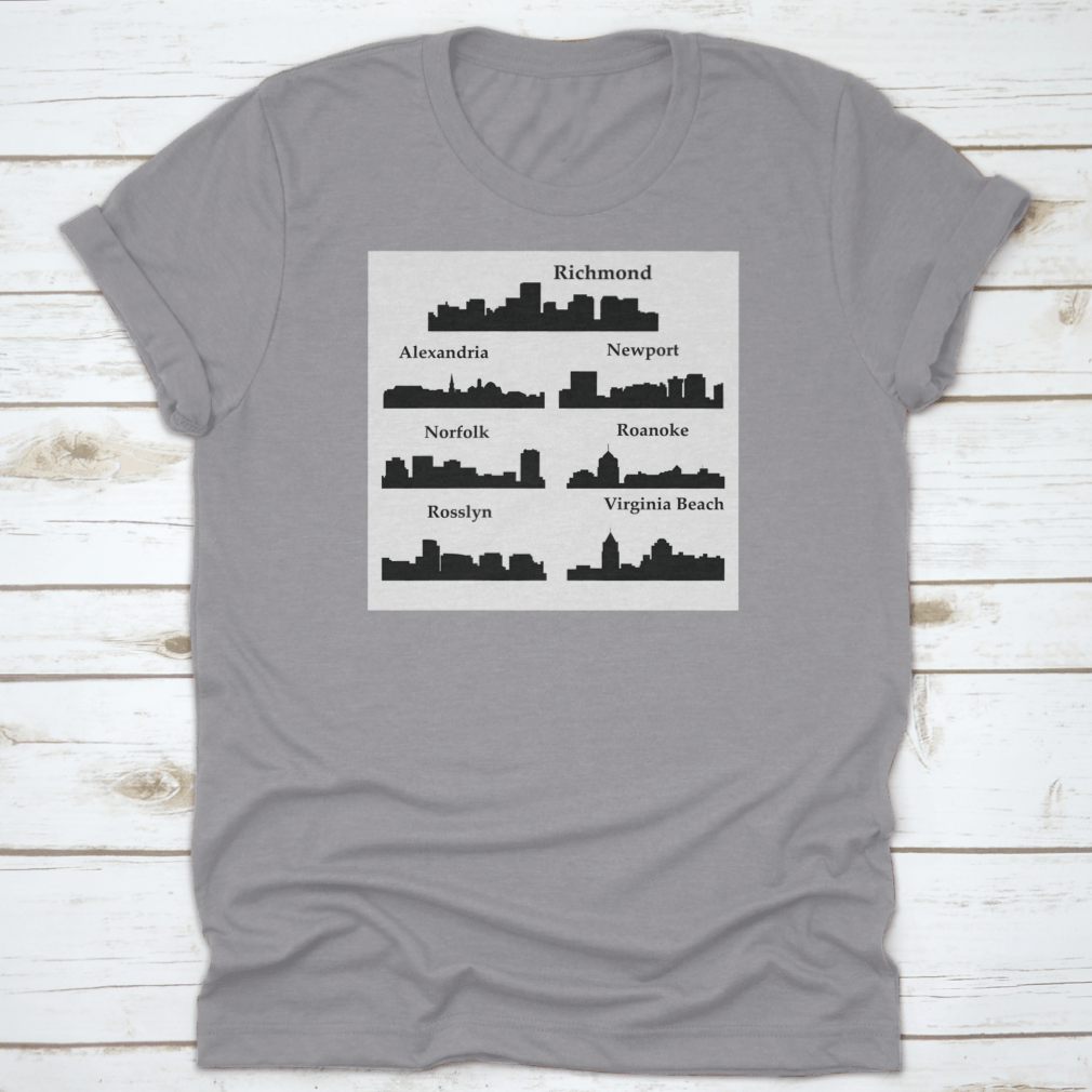 A stylish travel shirt featuring a dark inked skyline silhouette of seven cities in Virginia, made from soft cotton fabric.