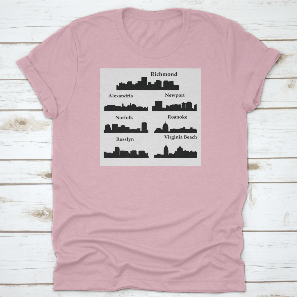 A stylish travel shirt featuring a dark inked skyline silhouette of seven cities in Virginia, made from soft cotton fabric.