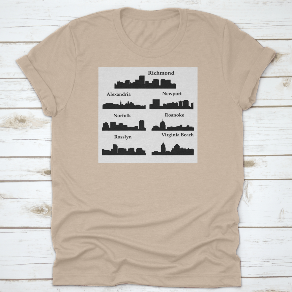 A stylish travel shirt featuring a dark inked skyline silhouette of seven cities in Virginia, made from soft cotton fabric.