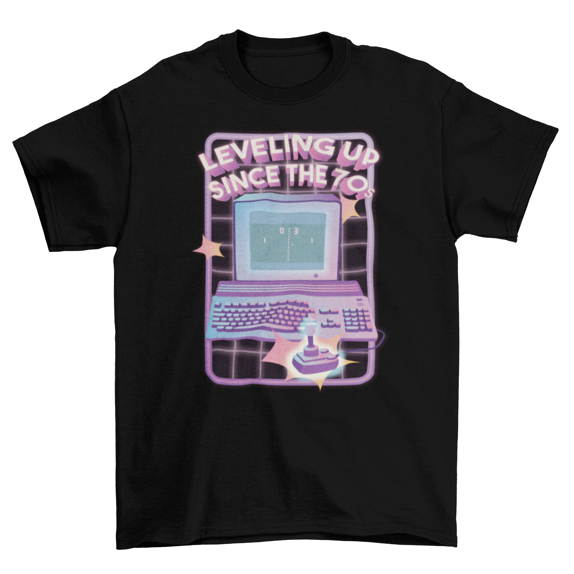 A retro t-shirt featuring a colorful design of a 70's computer videogame with the quote 'Leveling up since the 70s'.