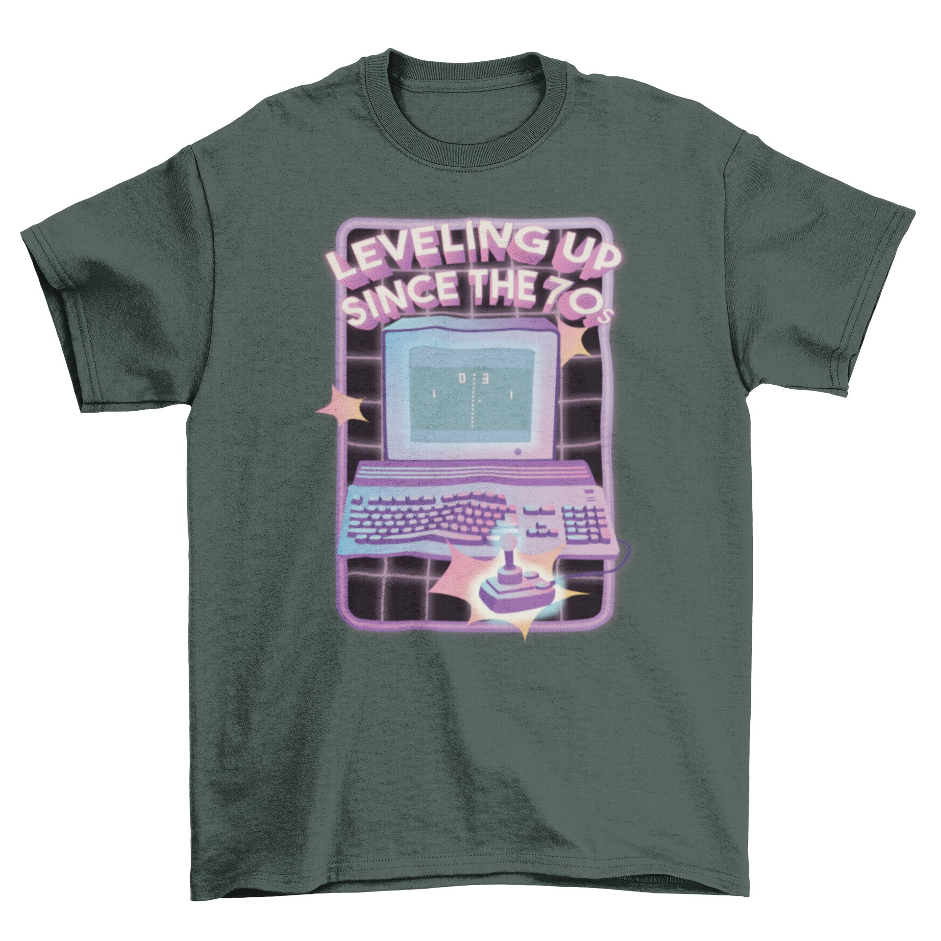 A retro t-shirt featuring a colorful design of a 70's computer videogame with the quote 'Leveling up since the 70s'.