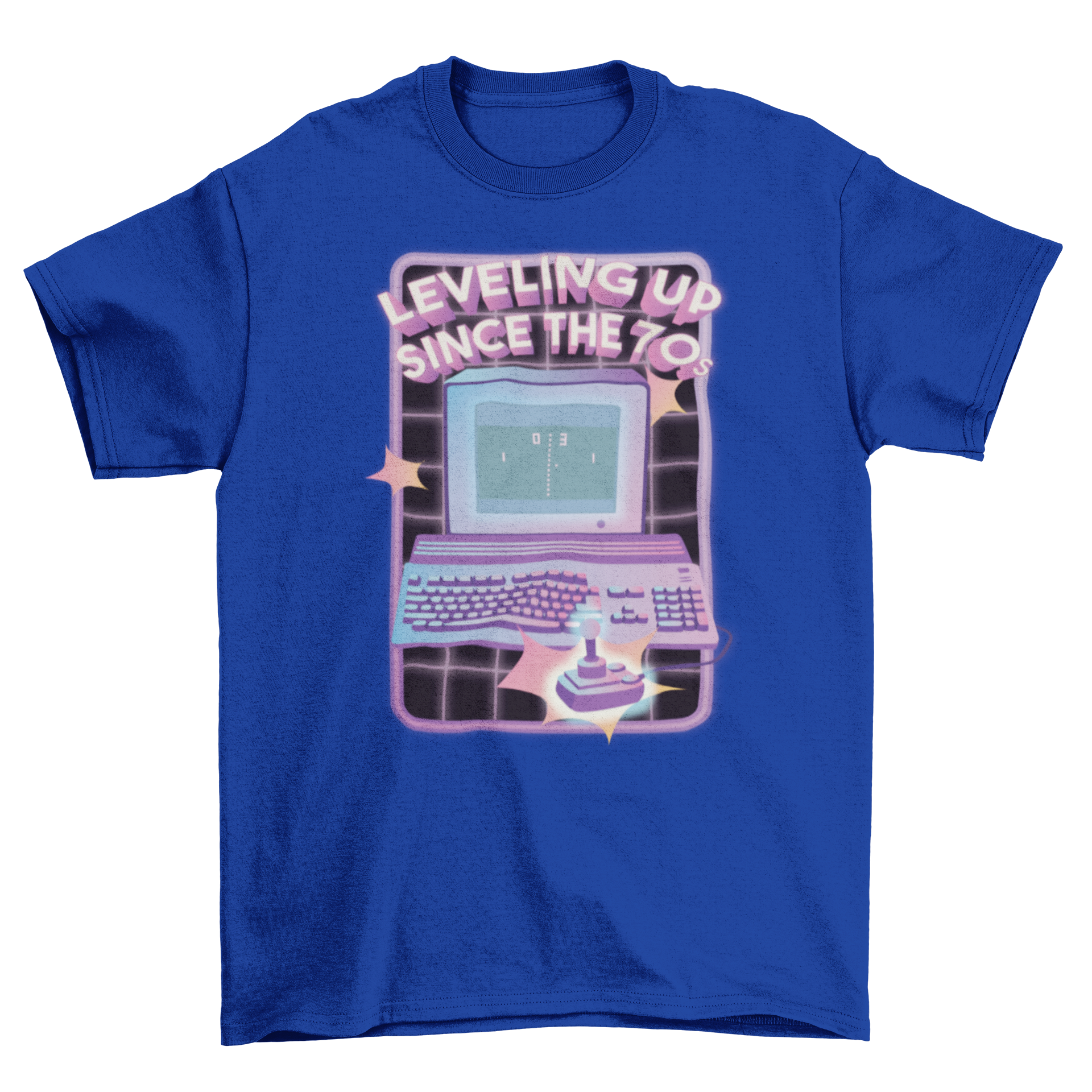 A retro t-shirt featuring a colorful design of a 70's computer videogame with the quote 'Leveling up since the 70s'.