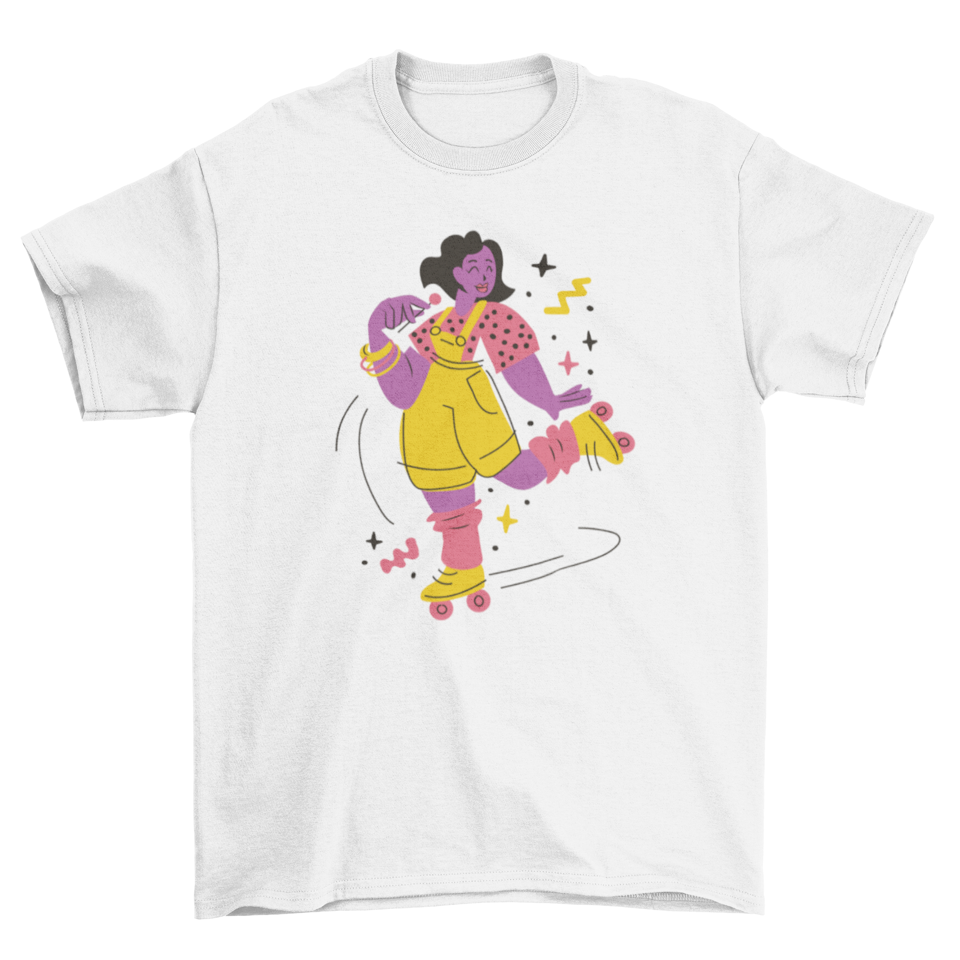 A stylish t-shirt featuring a woman in 80s fashion rollerskating, showcasing vibrant colors and retro design.