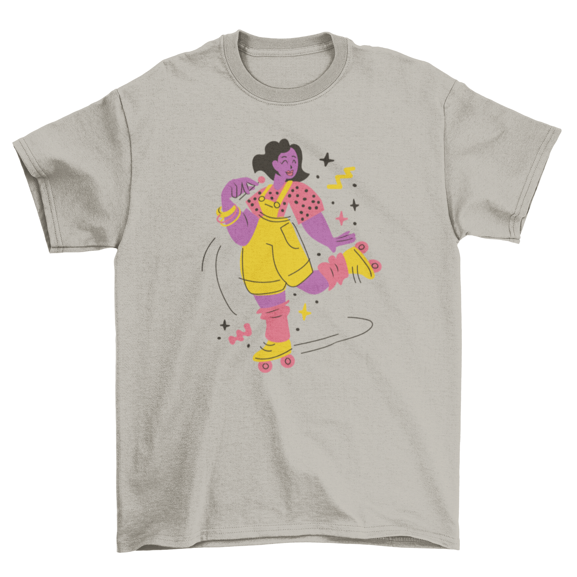 A stylish t-shirt featuring a woman in 80s fashion rollerskating, showcasing vibrant colors and retro design.