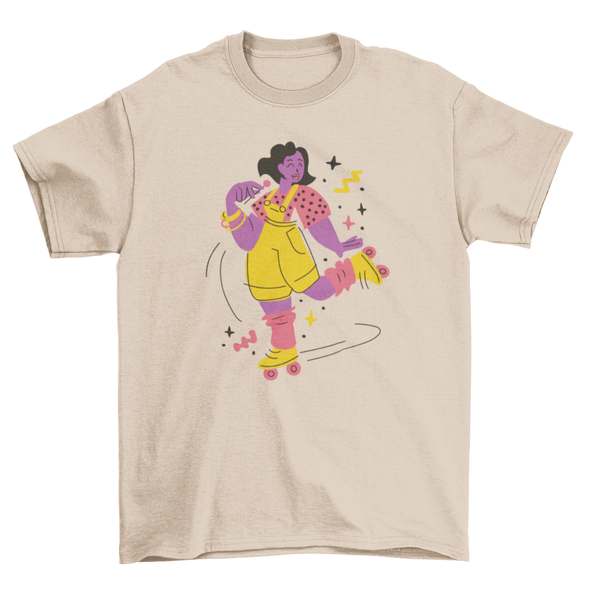 A stylish t-shirt featuring a woman in 80s fashion rollerskating, showcasing vibrant colors and retro design.