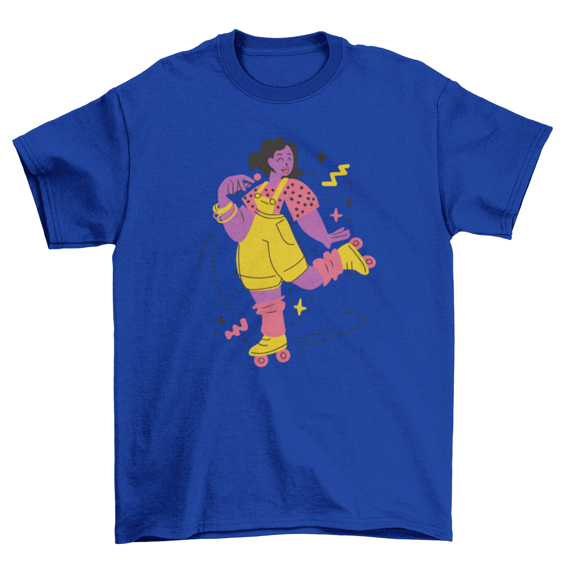 A stylish t-shirt featuring a woman in 80s fashion rollerskating, showcasing vibrant colors and retro design.