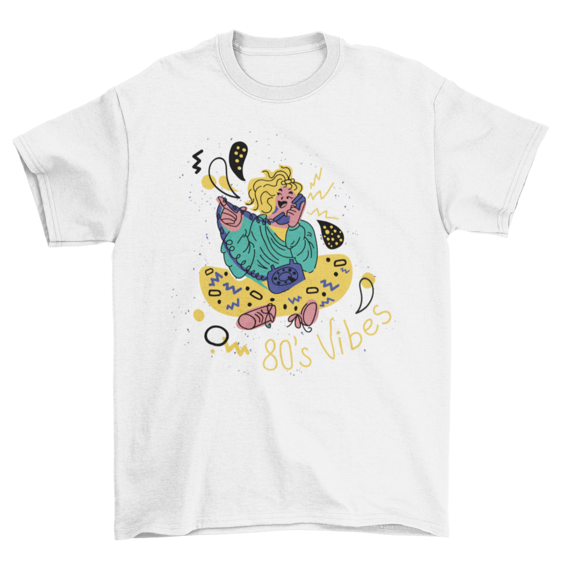 A vintage t-shirt featuring a girl on the phone with the quote '80's vibes', showcasing retro style.