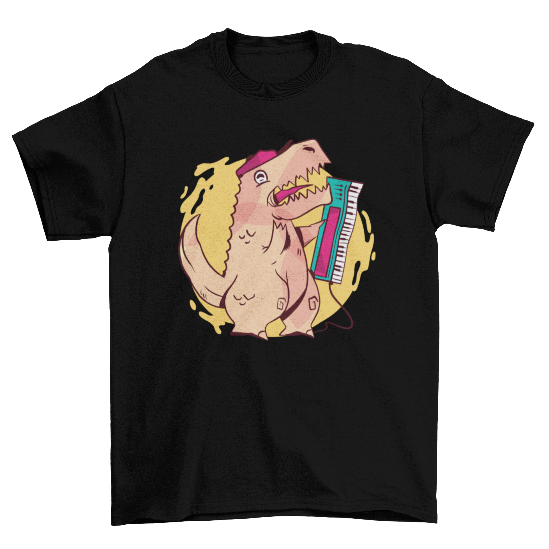 A colorful T-shirt design featuring a cartoon T-rex in 80s style, holding a keyboard, showcasing vibrant colors and a playful aesthetic.