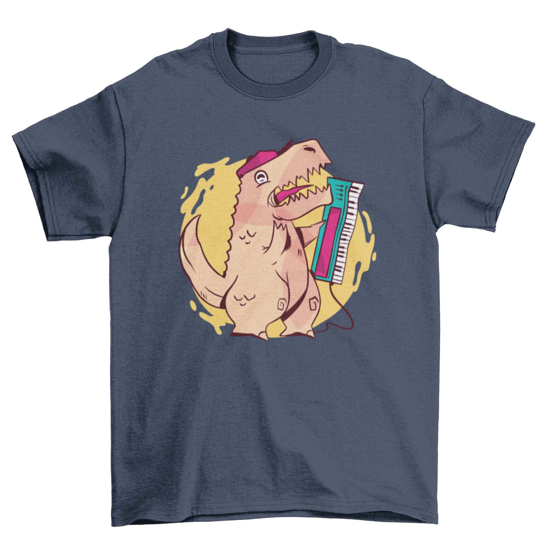 A colorful T-shirt design featuring a cartoon T-rex in 80s style, holding a keyboard, showcasing vibrant colors and a playful aesthetic.