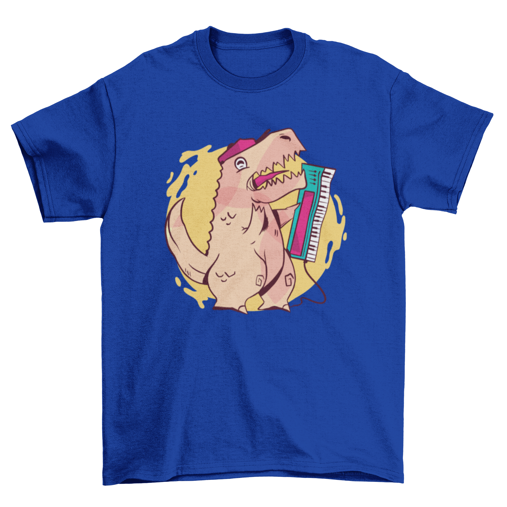 A colorful T-shirt design featuring a cartoon T-rex in 80s style, holding a keyboard, showcasing vibrant colors and a playful aesthetic.