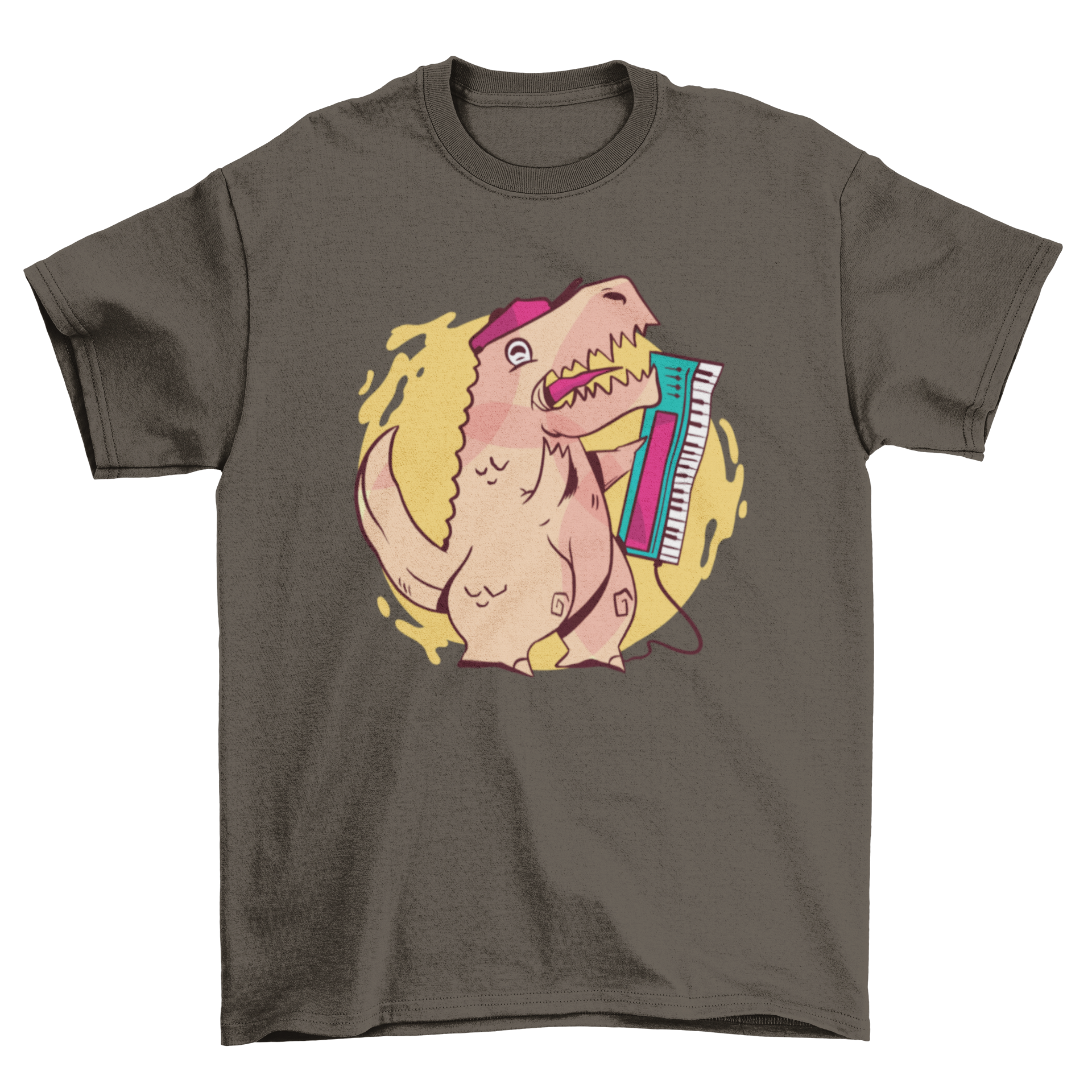 A colorful T-shirt design featuring a cartoon T-rex in 80s style, holding a keyboard, showcasing vibrant colors and a playful aesthetic.