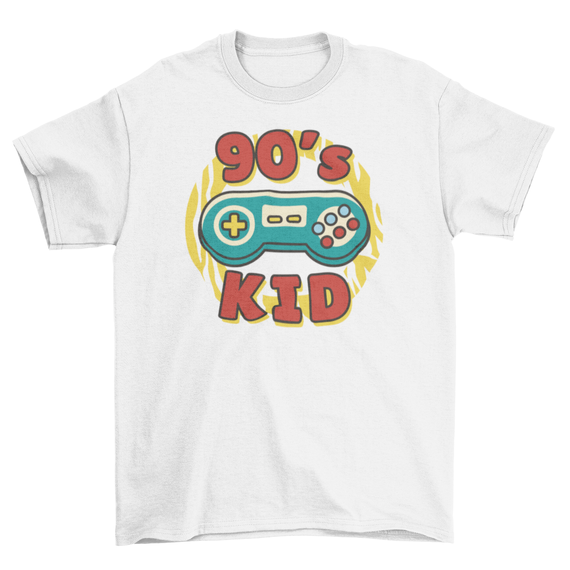 A stylish adult unisex t-shirt featuring a retro game controller illustration and '90's kid' lettering, perfect for gaming enthusiasts.