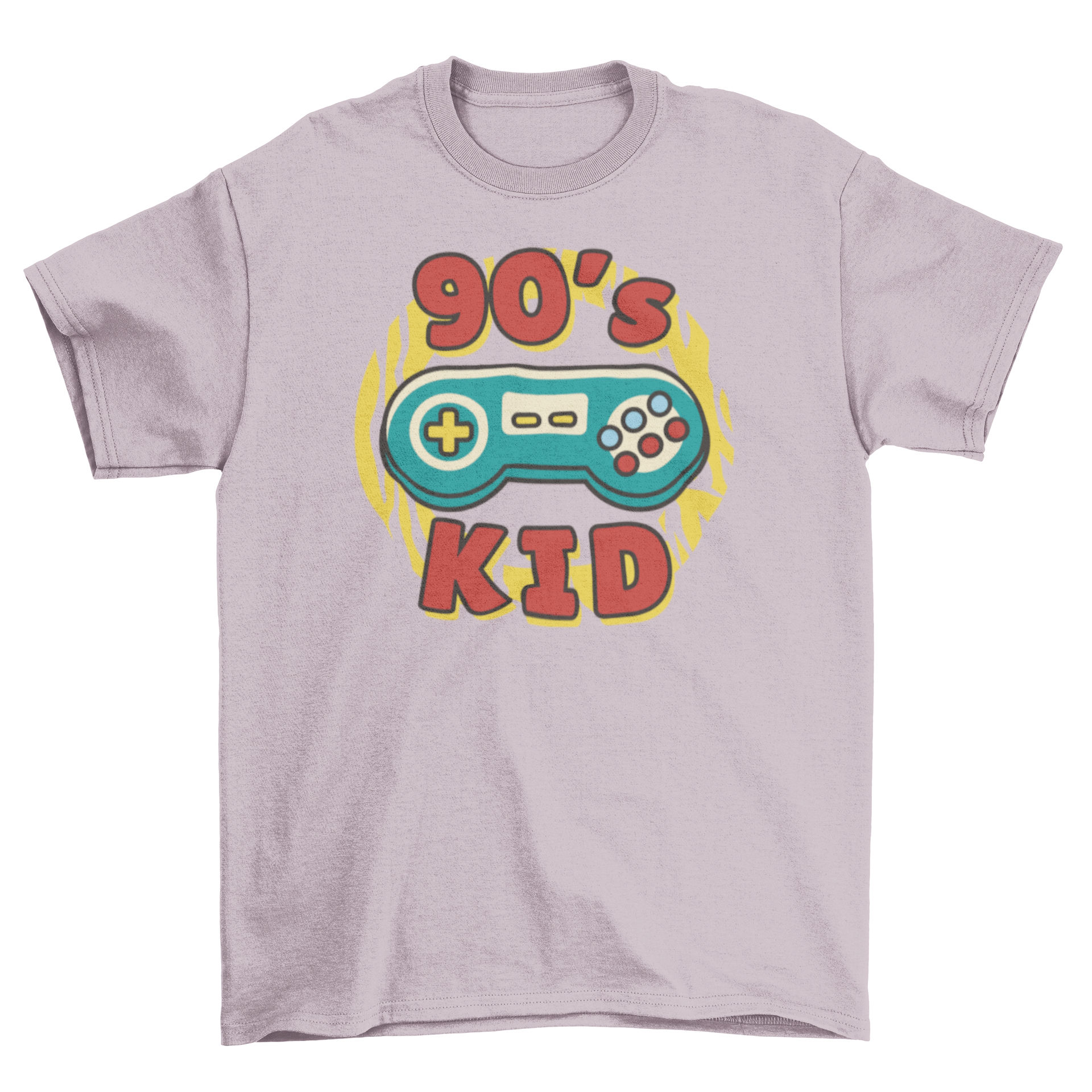 A stylish adult unisex t-shirt featuring a retro game controller illustration and '90's kid' lettering, perfect for gaming enthusiasts.