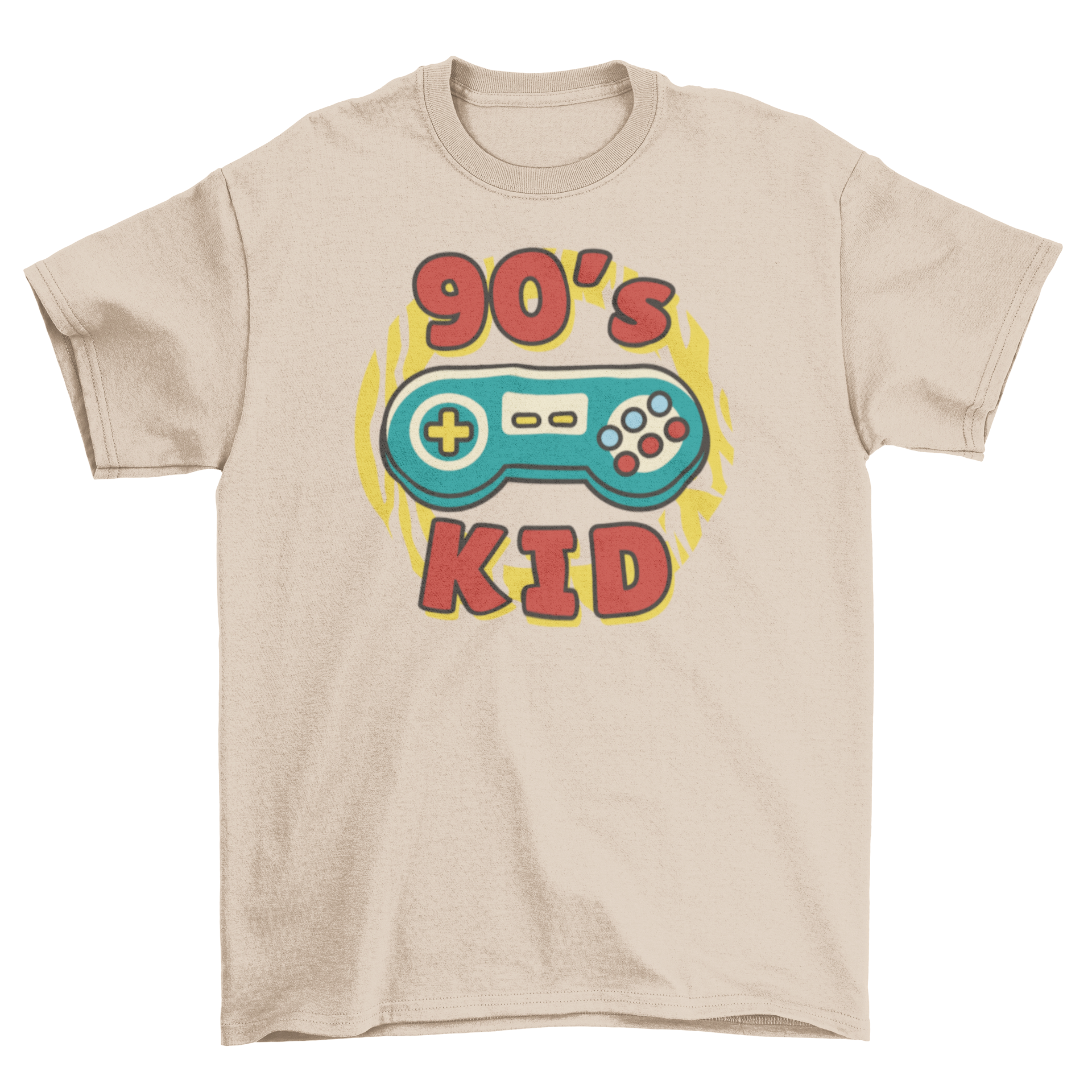 A stylish adult unisex t-shirt featuring a retro game controller illustration and '90's kid' lettering, perfect for gaming enthusiasts.