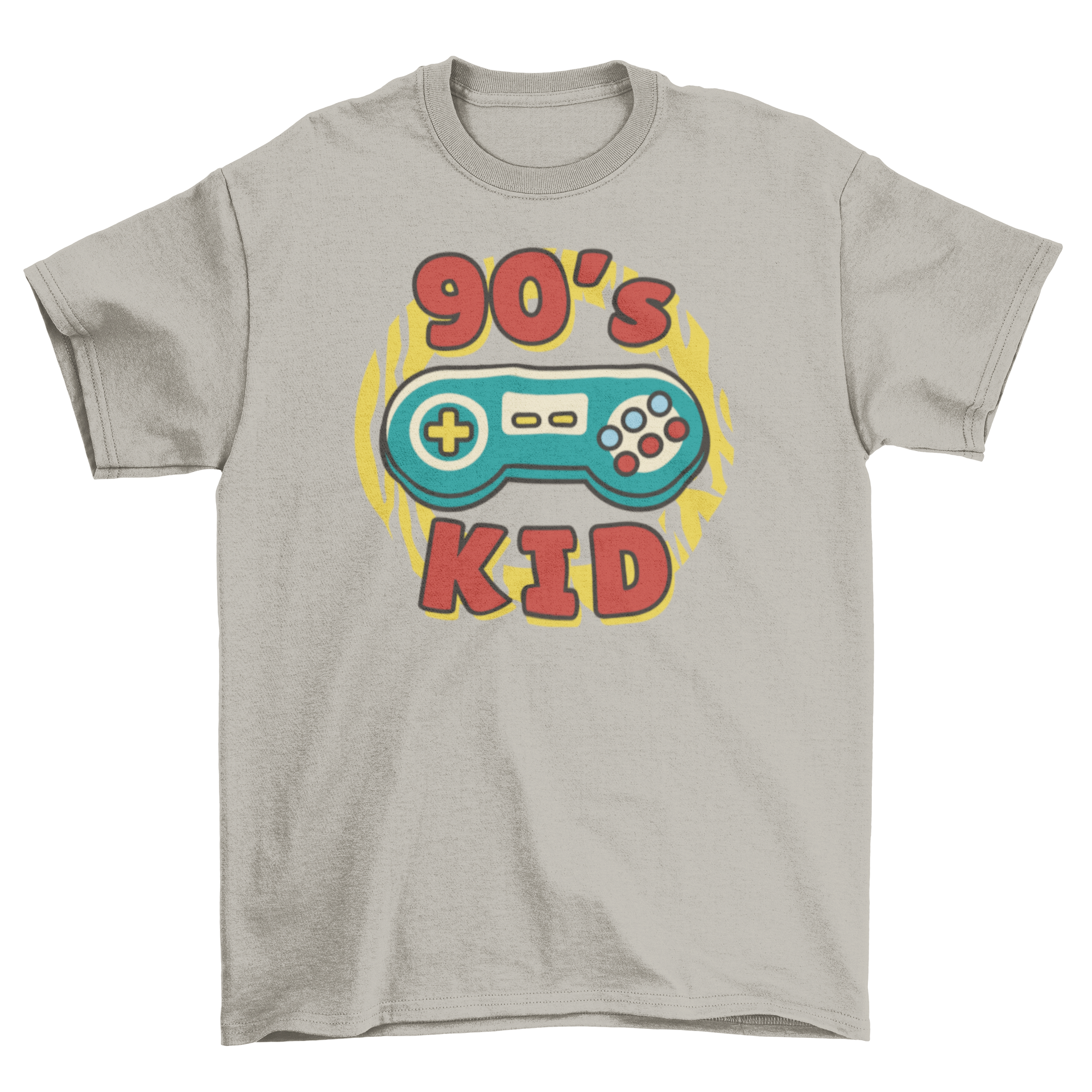 A stylish adult unisex t-shirt featuring a retro game controller illustration and '90's kid' lettering, perfect for gaming enthusiasts.