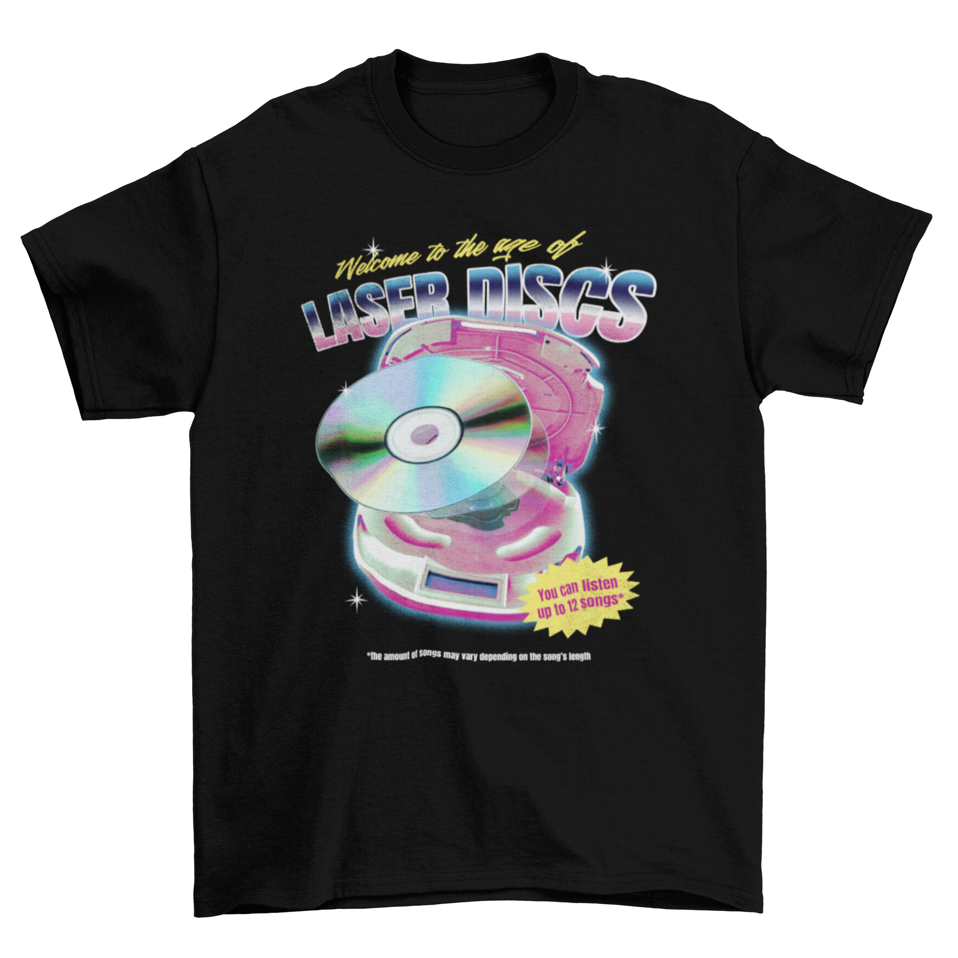 A stylish 90's t-shirt featuring a disc player and retro quotes about laser discs.