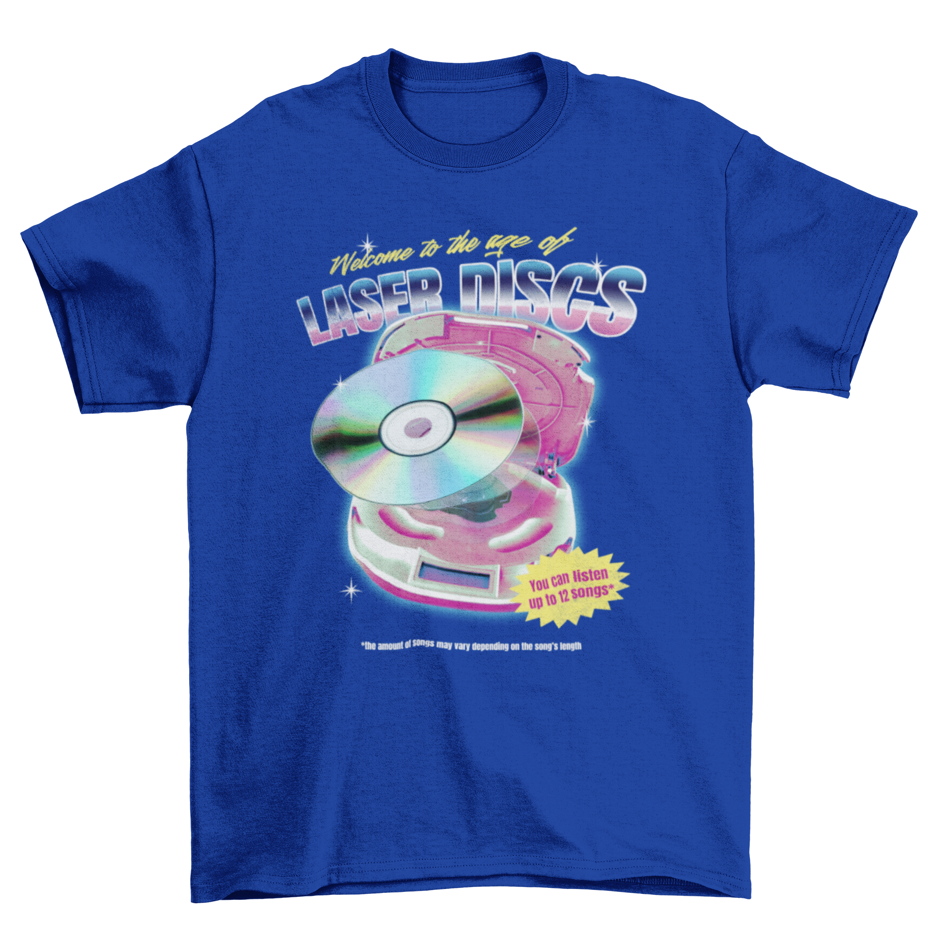 A stylish 90's t-shirt featuring a disc player and retro quotes about laser discs.