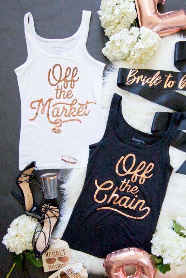 A stylish white tank top with rose gold foil text reading 'Off the Market', showcasing a trendy design perfect for casual outings.