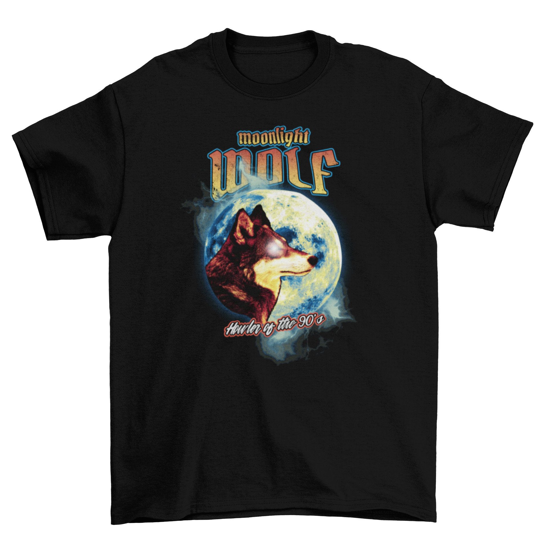 A stylish 90's wolf t-shirt featuring a wolf and moon design with quotes 'Moonlight wolf' and 'Howler of the 90's'.