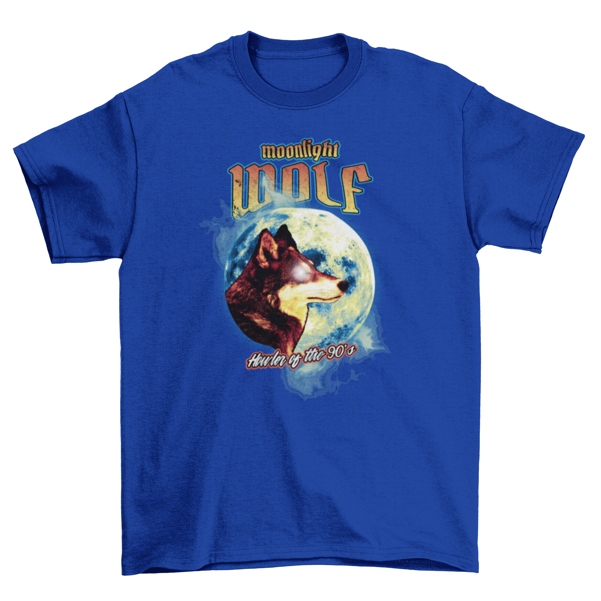 A stylish 90's wolf t-shirt featuring a wolf and moon design with quotes 'Moonlight wolf' and 'Howler of the 90's'.