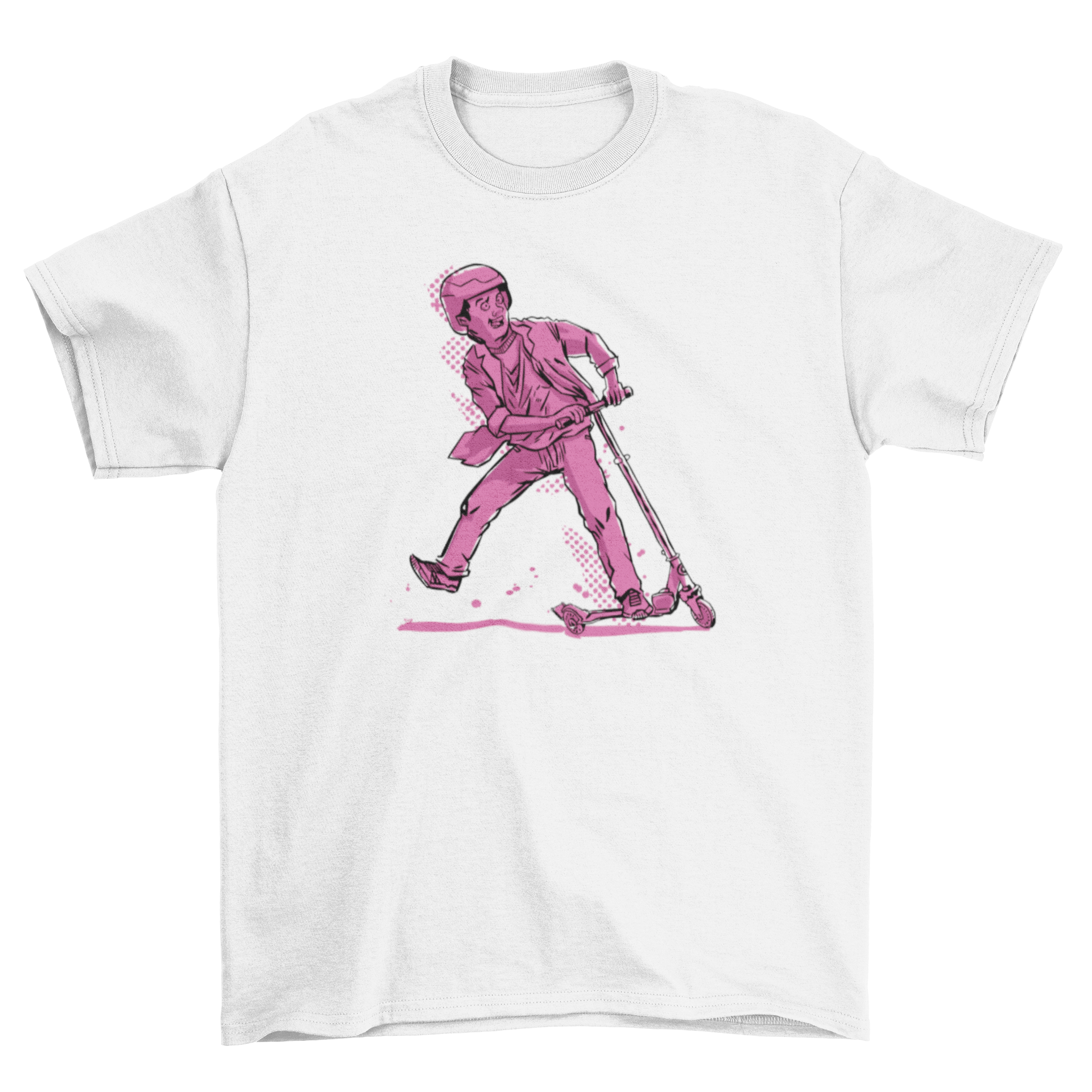 Youth t-shirt design featuring a boy riding a scooter in vibrant colors.