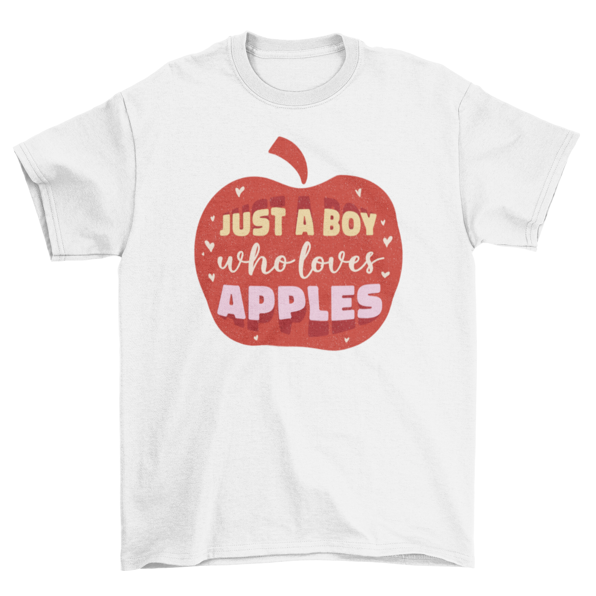 A vibrant t-shirt featuring a red apple graphic and the quote 'Just a boy who loves apples', perfect for young boys.