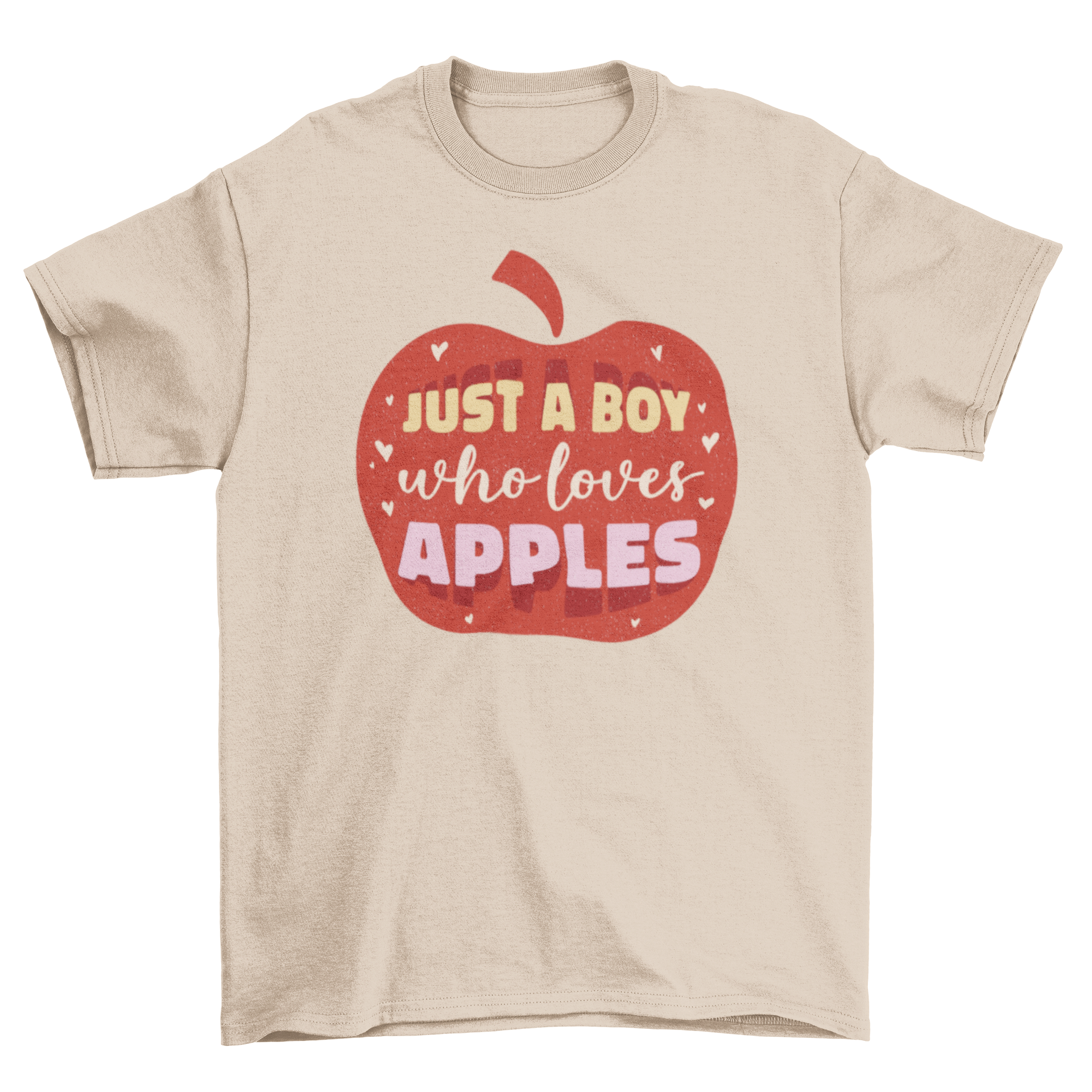 A vibrant t-shirt featuring a red apple graphic and the quote 'Just a boy who loves apples', perfect for young boys.