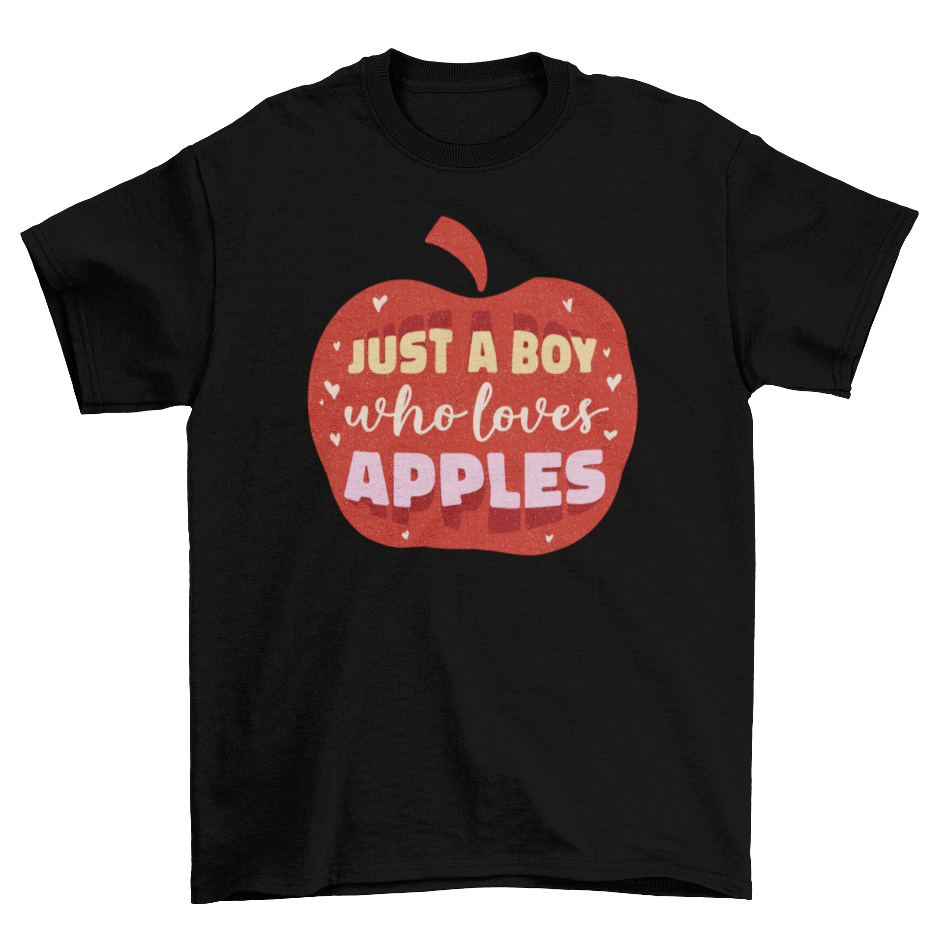 A vibrant t-shirt featuring a red apple graphic and the quote 'Just a boy who loves apples', perfect for young boys.