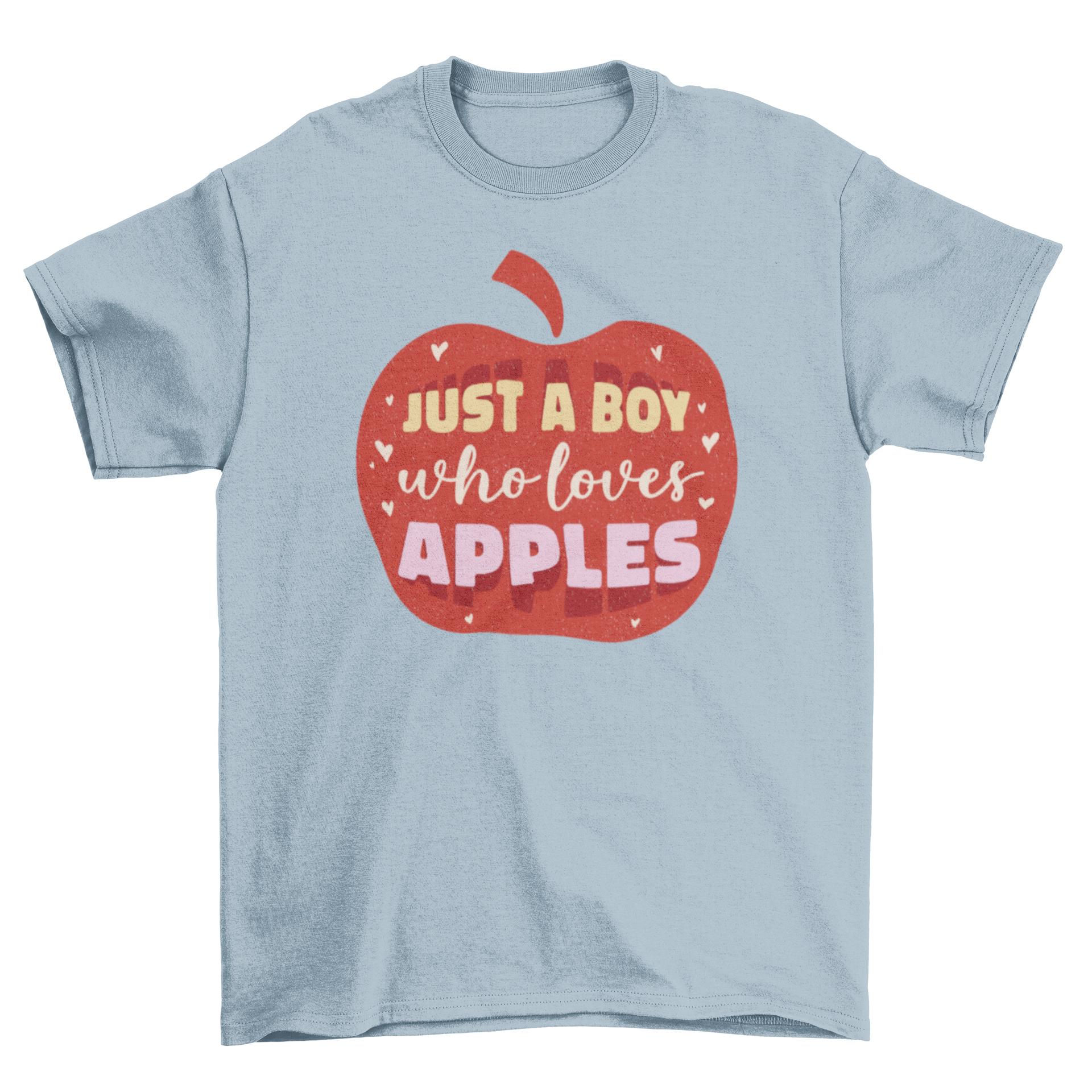 A vibrant t-shirt featuring a red apple graphic and the quote 'Just a boy who loves apples', perfect for young boys.