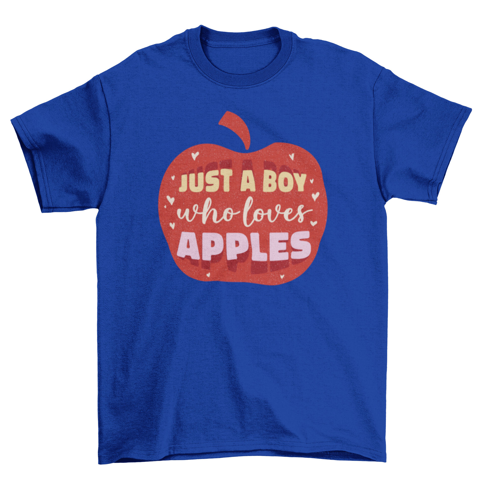 A vibrant t-shirt featuring a red apple graphic and the quote 'Just a boy who loves apples', perfect for young boys.